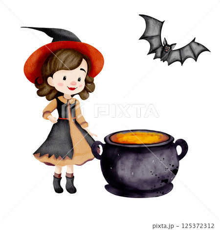 A witch girl with brown hair, wearing a suit, witch hat, cloak and boots, brews a magic potion next to a bat. Hand drawn watercolor Halloween illustration isolated on white background. For postcards A witch girl with brown hair, wearing a suit, witch hat, cloak and boots, brews a magic potion next to a bat. Hand drawn watercolor Halloween illustration isolated on white background. For postcards 125372312
