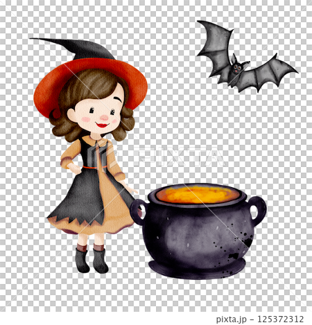 A witch girl with brown hair, wearing a suit, witch hat, cloak and boots, brews a magic potion next to a bat. Hand drawn watercolor Halloween illustration isolated on white background. For postcards A witch girl with brown hair, wearing a suit, witch hat, cloak and boots, brews a magic potion next to a bat. Hand drawn watercolor Halloween illustration isolated on white background. For postcards 125372312