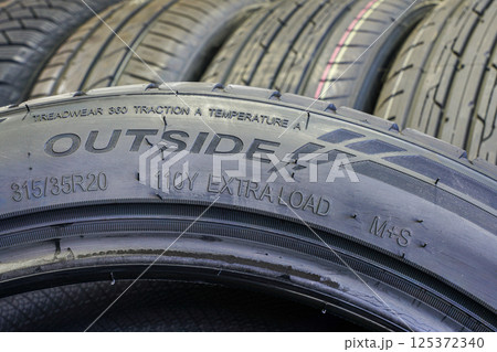 Side view of a tire with an indication of tire outside, width, height, diameter, load, speed index Side view of a tire with an indication of tire outside, width, height, diameter, load, speed index 125372340