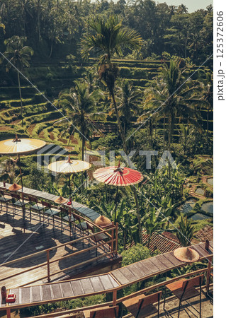 Empty cafe terrace with Balinese umbrellas and view of rice terraces Empty cafe terrace with Balinese umbrellas and view of rice terraces 125372606