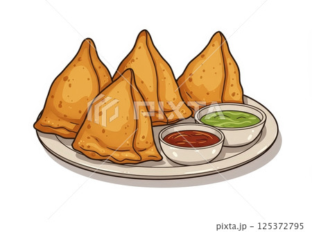 Delicious Indian samosa food on white plate with two dipping sauce bowl 125372795