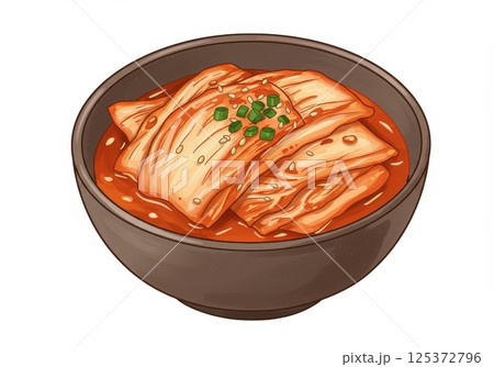 Delicious Korean kimchi green onion sesame seed dark bowl against white background 125372796