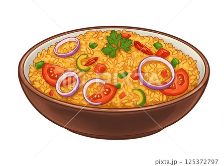 African Jollof rice food bowl with vegetable on white background 125372797