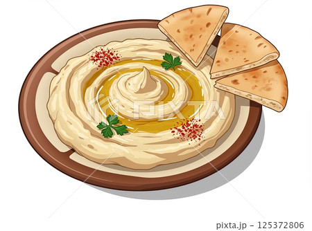 Appetizing Middle Eastern hummus dish with pita red spice herb on white background 125372806