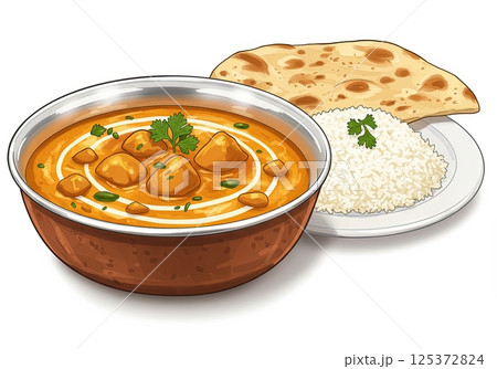 Delicious Indian chicken curry with rice naan on white background Delicious Indian chicken curry with rice naan on white background 125372824