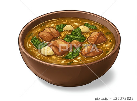 Nigerian Egusi soup food bowl with meat and vegetable on white background 125372825