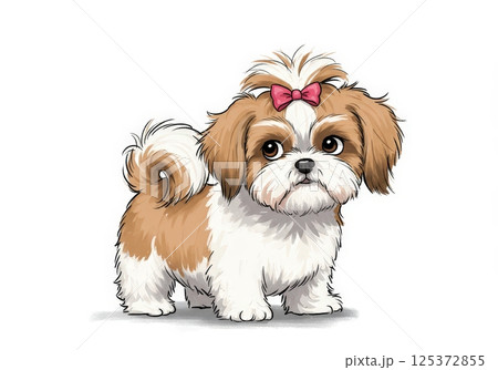 Cute cartoon Shih Tzu dog with topknot and bow against white background 125372855