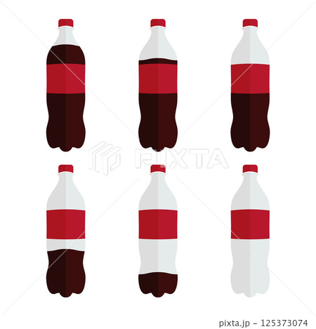 Set of Soda Bottles with Varying Fill Levels Vector Illustration. Flat vector illustration of six plastic soda bottles with red caps and red labels, shown with different levels of dark liquid. Set of Soda Bottles with Varying Fill Levels Vector Illustration. Flat vector illustration of six plastic soda bottles with red caps and red labels, shown with different levels of dark liquid. 125373074