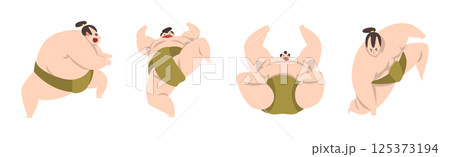 Man Sumo Wrestler Character in Action Pose Vector Set Man Sumo Wrestler Character in Action Pose Vector Set 125373194