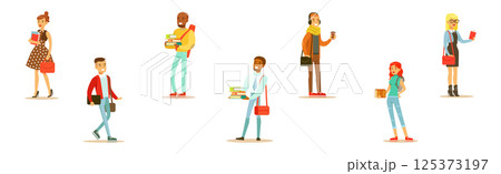 Modern Student Man and Woman Character in Standing Pose Vector Set 125373197