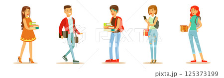 Modern Student Man and Woman Character in Standing Pose Vector Set 125373199