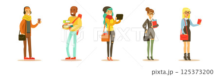 Modern Student Man and Woman Character in Standing Pose Vector Set 125373200