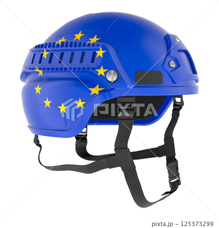 The European Union military force, concept. Combat helmet with the EU flag. 3D rendering The European Union military force, concept. Combat helmet with the EU flag. 3D rendering 125373299