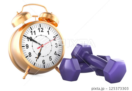 Fitness time, concept. Purple Dumbbells for Strength Training with alarm clock. 3D rendering Fitness time, concept. Purple Dumbbells for Strength Training with alarm clock. 3D rendering 125373303