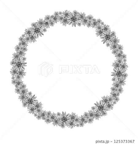 Botanical wreath composed of hand drawn wildflowers. Detailed black and white illustration with chamomile, echinacea, and arnica-like blooms. Ideal for invitations, packaging, and herbal designs. 125373367
