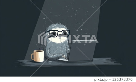 Sloth Working at a Laptop With Coffee in Minimalist Style 125373370