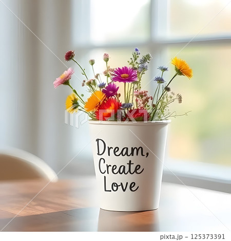 Dream, Create, Love written on white vase with colorful daisy flowers, placed on wooden table near large window, showcasing natural light illuminating the vibrant arrangement Dream, Create, Love written on white vase with colorful daisy flowers, placed on wooden table near large window, showcasing natural light illuminating the vibrant arrangement 125373391