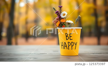 Be Happy text on a yellow cup with colorful flowers, including daisies and wildflowers, placed on a wooden surface. Blurred background with yellow and orange autumn trees 125373397
