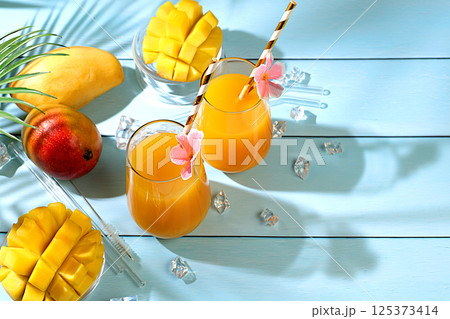 Frozen lemonade cocktail, smoothie or juice with mango slices, mojito with tequila, vodka, ice, bar and party concept, restaurant and cafe advertising card, summer tropical banner, top view. Frozen lemonade cocktail, smoothie or juice with mango slices, mojito with tequila, vodka, ice, bar and party concept, restaurant and cafe advertising card, summer tropical banner, top view. 125373414
