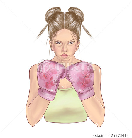 girl in boxing gloves, women boxing, boxing gloves pink with flowers, sports set, isolated illustrations in high quality on white background, perfect for poster design, for sporting goods design. 125373419