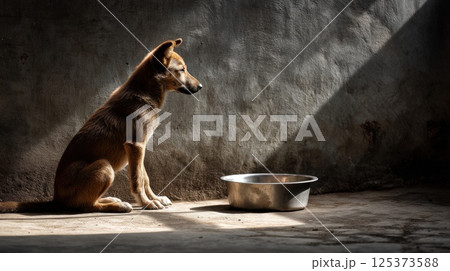 Lonely Dog Sitting by a Bowl in a Dimly Lit Room 125373588