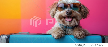 Cute dog with sunglasses posing playfully with a vintage turquoise suitcase 125373770