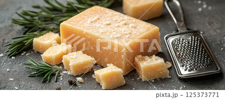 Block of Parmesan cheese with herbs and grater on rustic kitchen counter Block of Parmesan cheese with herbs and grater on rustic kitchen counter 125373771