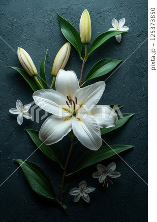 Elegant white lilies with black ribbon on textured dark background 125373850