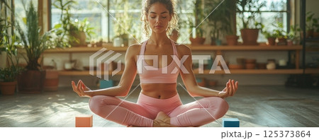 Woman in pink yoga attire practicing inside a serene, sunlit garden studio 125373864