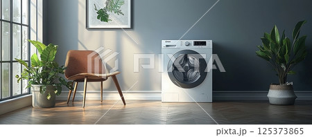 Modern washing machine placed beside indoor plants in a bright room 125373865