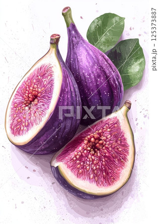 Close-up of a ripe whole fig and a cut fig with leaves 125373887