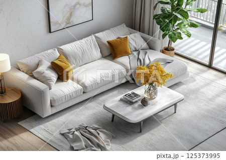 Bright living room with cozy sofa, wooden furniture, and indoor plants 125373995