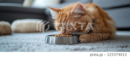 Ginger Cat Eating From a Bowl in a Cozy Modern Living Room 125374013