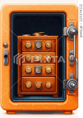 Illustration of an open safe storing books and coins 125374112