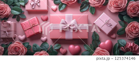 Heart-Shaped Dessert on Pink Background with Roses and Gift Boxes 125374146