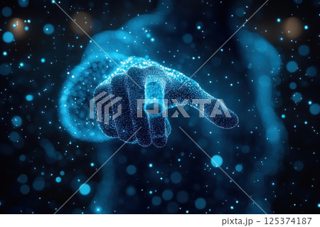 Abstract digital representation of a pointing hand in vibrant blue particle effect 125374187