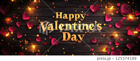 Romantic Valentine’s Day background with roses, hearts, and festive lights 125374189