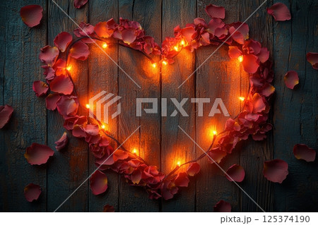 Heart Shape Made of Glowing Rose Petals on Wooden Background 125374190