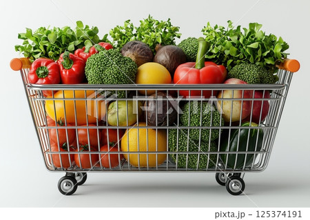Shopping cart filled with fresh vegetables and fruits for a healthy diet 125374191