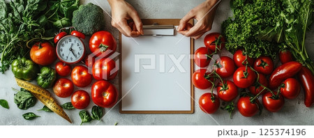 Healthy meal planning concept with fresh vegetables and a blank clipboard 125374196