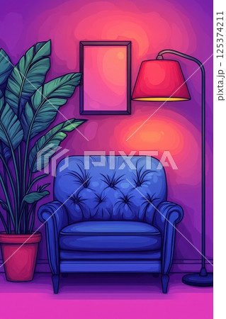 Stylish Living Room With Purple Couch and Indoor Plants Stylish Living Room With Purple Couch and Indoor Plants 125374211