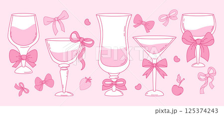 Vintage Coquette Pink drinks and cocktails. Isolated Aesthetic glasses with ribbon bow with berries. Romantic Girly Vibe. Trendy art for bachelorette party and wedding invitations. Vector illustration 125374243