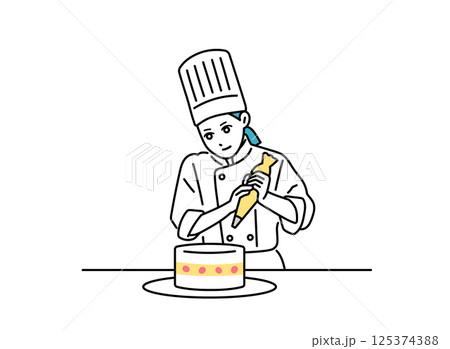 ケーキにクリームを絞る女性の料理人 125374388