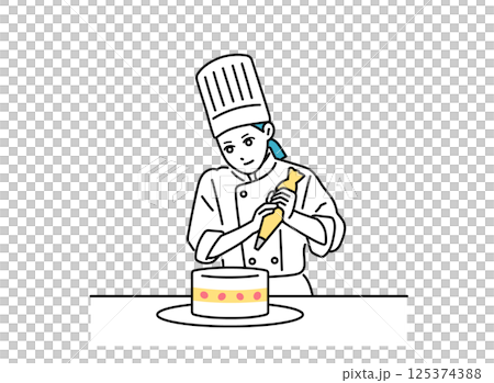 女廚師將奶油擠到蛋糕上 125374388