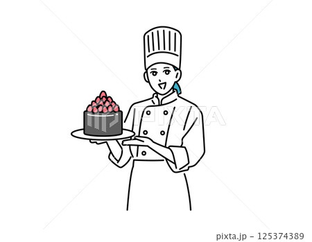 ケーキを手に持っている女性の料理人 125374389