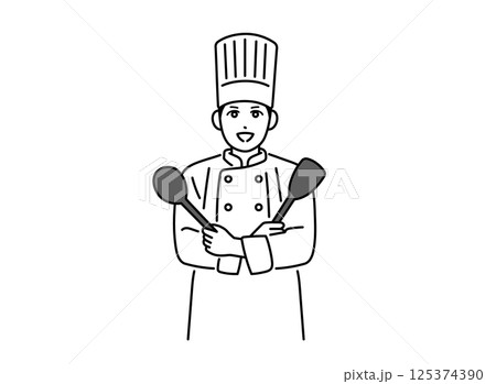 両手に調理道具を持っている男性の料理人 125374390