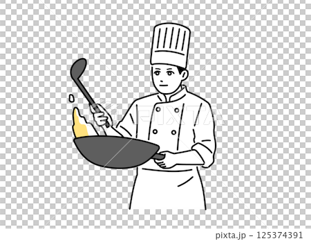中華鍋を振るってチャーハンを作る男性の料理人 125374391