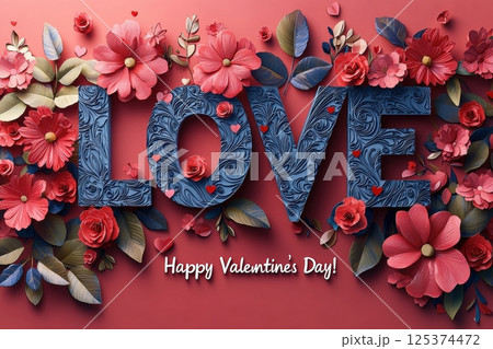 Valentine's Day design featuring love text with floral accents on a red background. 125374472