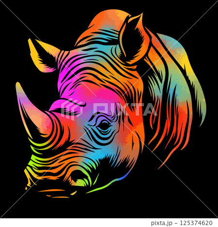 Rhinoceros colored head on black background. hand drawing. Not AI, Vector illustration Rhinoceros colored head on black background. hand drawing. Not AI, Vector illustration 125374620