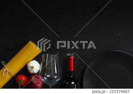 Flat lay with fresh organic products. Traditional ingredients of italian cuisine 125374667